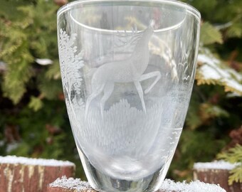 1950s Swedish Crystal Art Glass Vase With Etched Reindeer