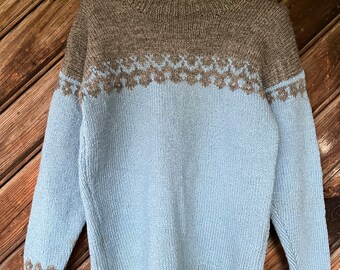 Hand knitted Kids Pure Wool Sweater Blue Grey Turtleneck Traditional Nordic Knitting Winter Clothing age 7-9