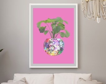 Printable Wall Art, Glam Disco Ball planter wall print, Funky art, Home Decor, Modern home prints, Retro wall art, living room print