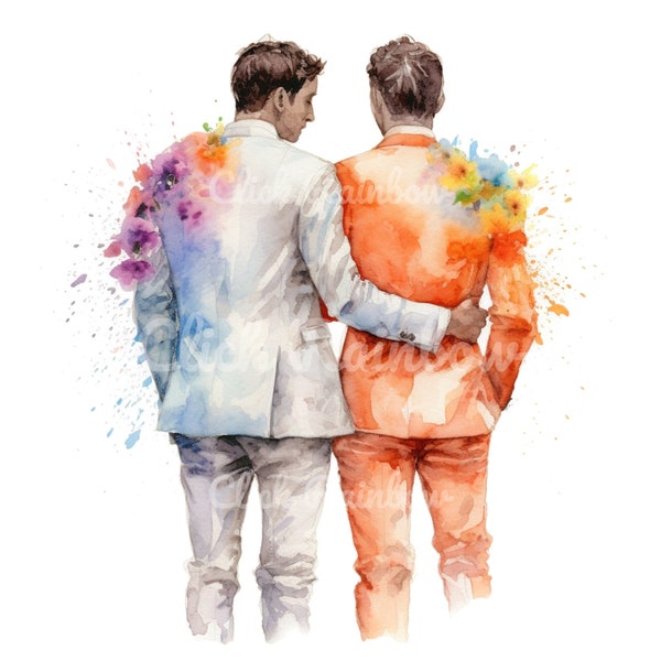 Gay Married Couple Clipart, 12 Gay Couple PNG, Same-Sex Watercolor, Gay Illustration, Wedding Card, Gay Decor, Gay Digital, Instant Download