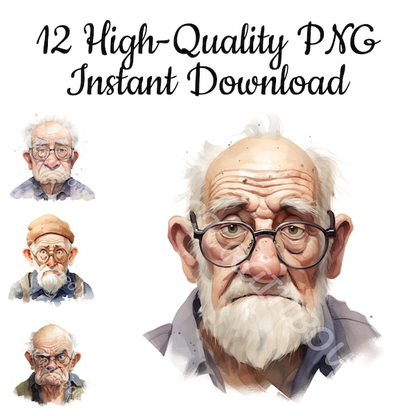 Grumpy Old Man Clipart, 12 High-Quality PNG, Cartoon Printable, Paper and Digital Crafting, Card Making, Scrapbook, Instant Download