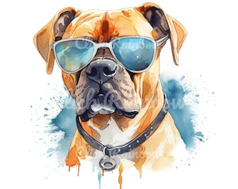 Dog with Sunglasses Clipart: Funny Watercolor Illustration (Digital Download)