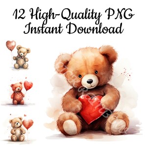 Osito de peluche con corazón, 12 ositos de peluche PNG, ilustración de osito de peluche, impresión artística de amor, diseño de osito de peluche, descarga instantánea