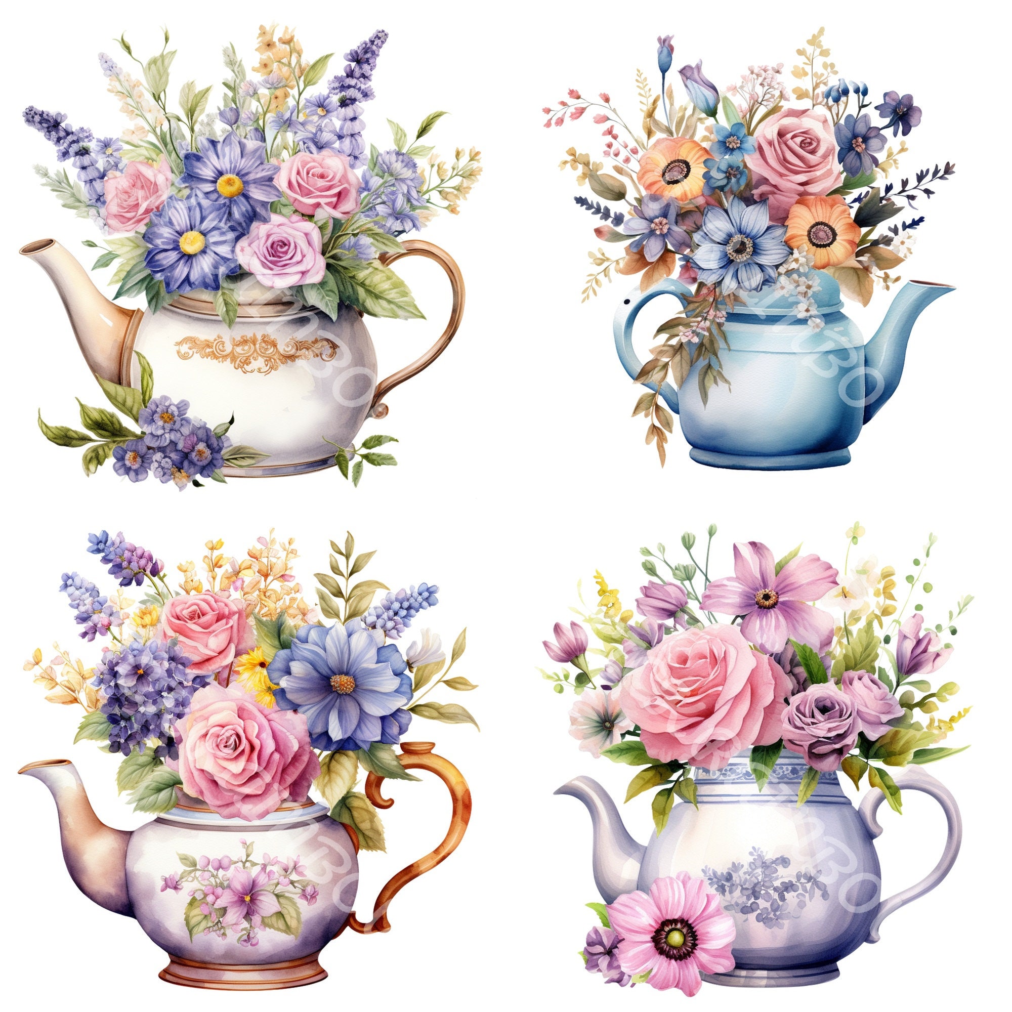 Teapot With Flowers Clipart, 12 High-quality PNG, Teapot Illustration ...