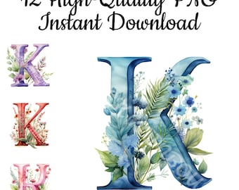 Letter K Floral Clipart: Watercolor PNG Bundle (Digital Download)