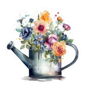Regadera con flores (imágenes prediseñadas), 12 regaderas PNG, regadera de acuarela con flores, impresión artística de regadera, descarga digital