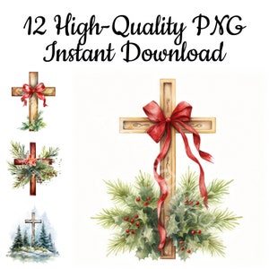 Christmas Christian Cross Clipart, 12 Christian Cross PNG, Christian Cross Art Print, Christian Cross Illustration, Instant Download