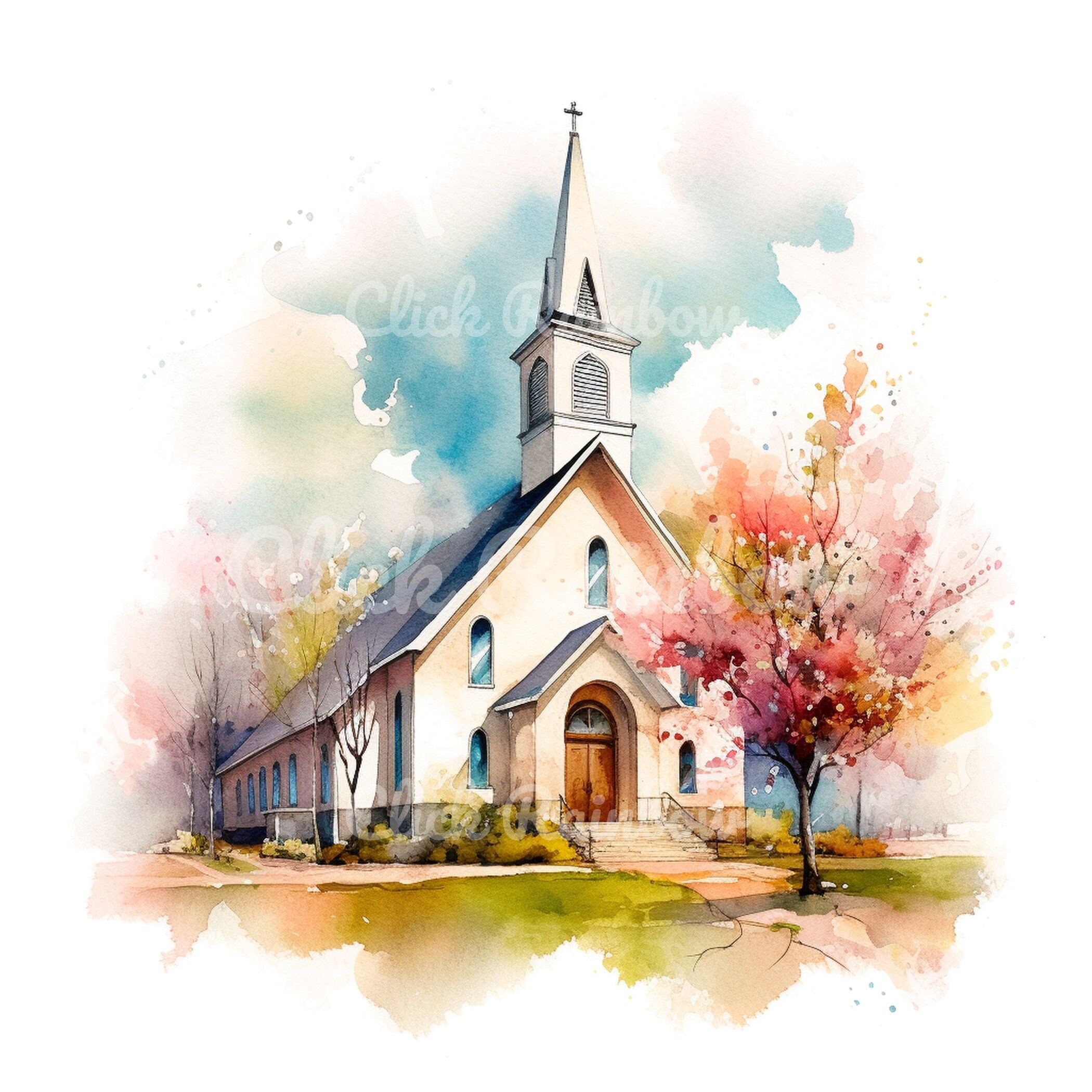 Spring Church Watercolor Clipart: Printable Church Illustration ...