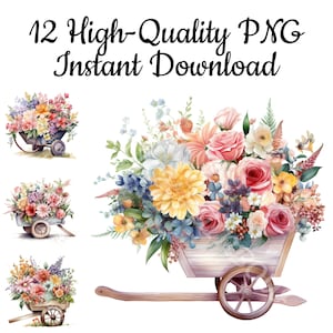 Brouette avec des fleurs des cliparts, brouette 12 PNG, brouette aquarelle, impression d&#39;Art brouette, brouette numérique, téléchargement immédiat