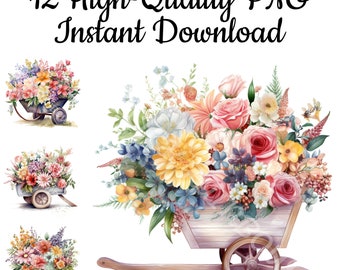 Watercolor Wheelbarrow Flowers Clipart: 12 PNG Art Prints (Digital Download)