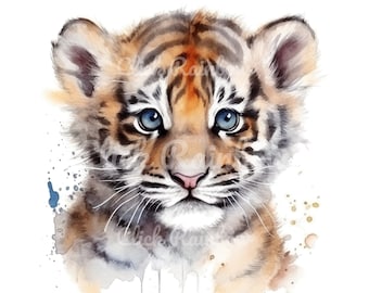 Baby Tiger Watercolor Clipart: 12 PNG Graphics (Digital Download)