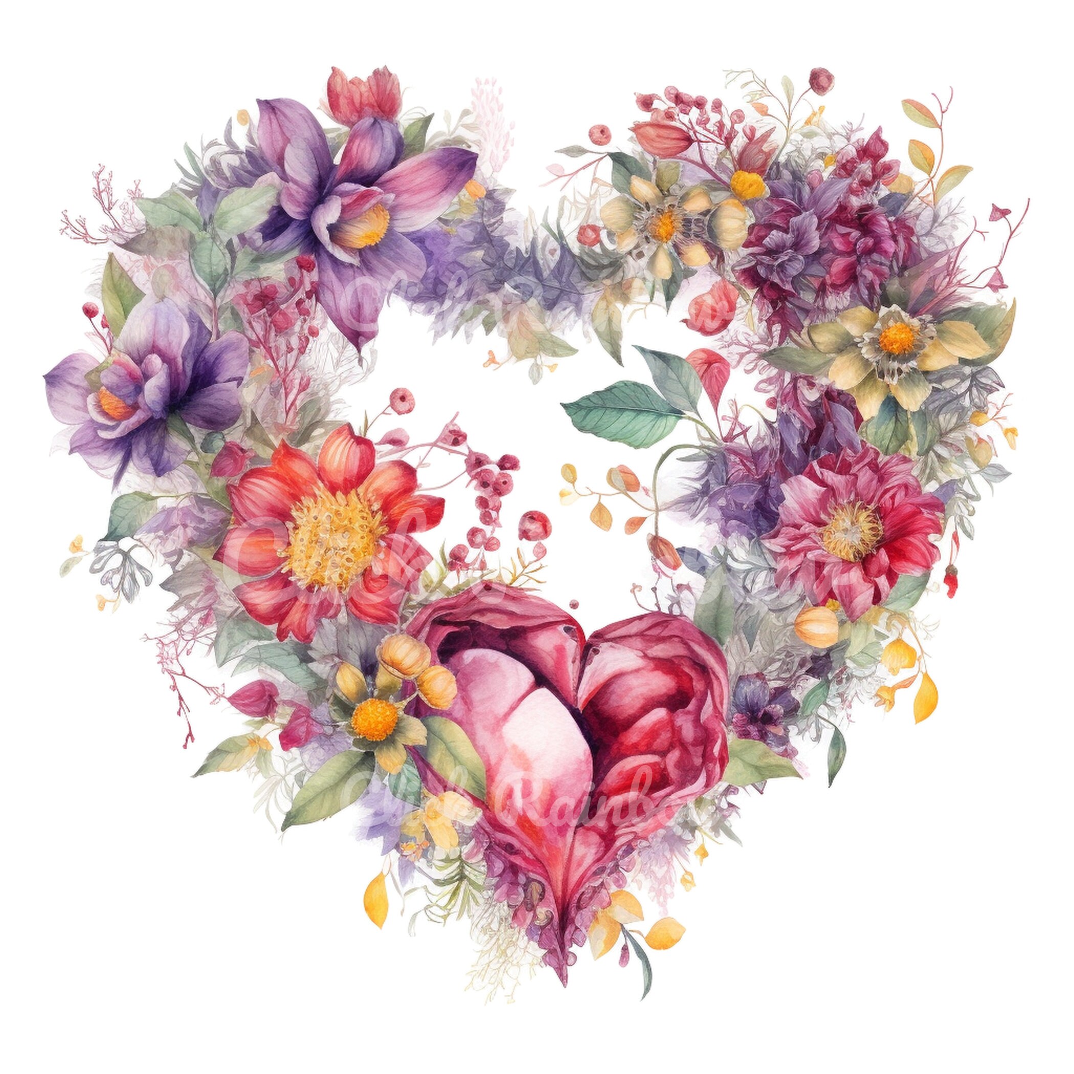 Floral Heart Wreath Clipart, Watercolor Love Printable (digital ...