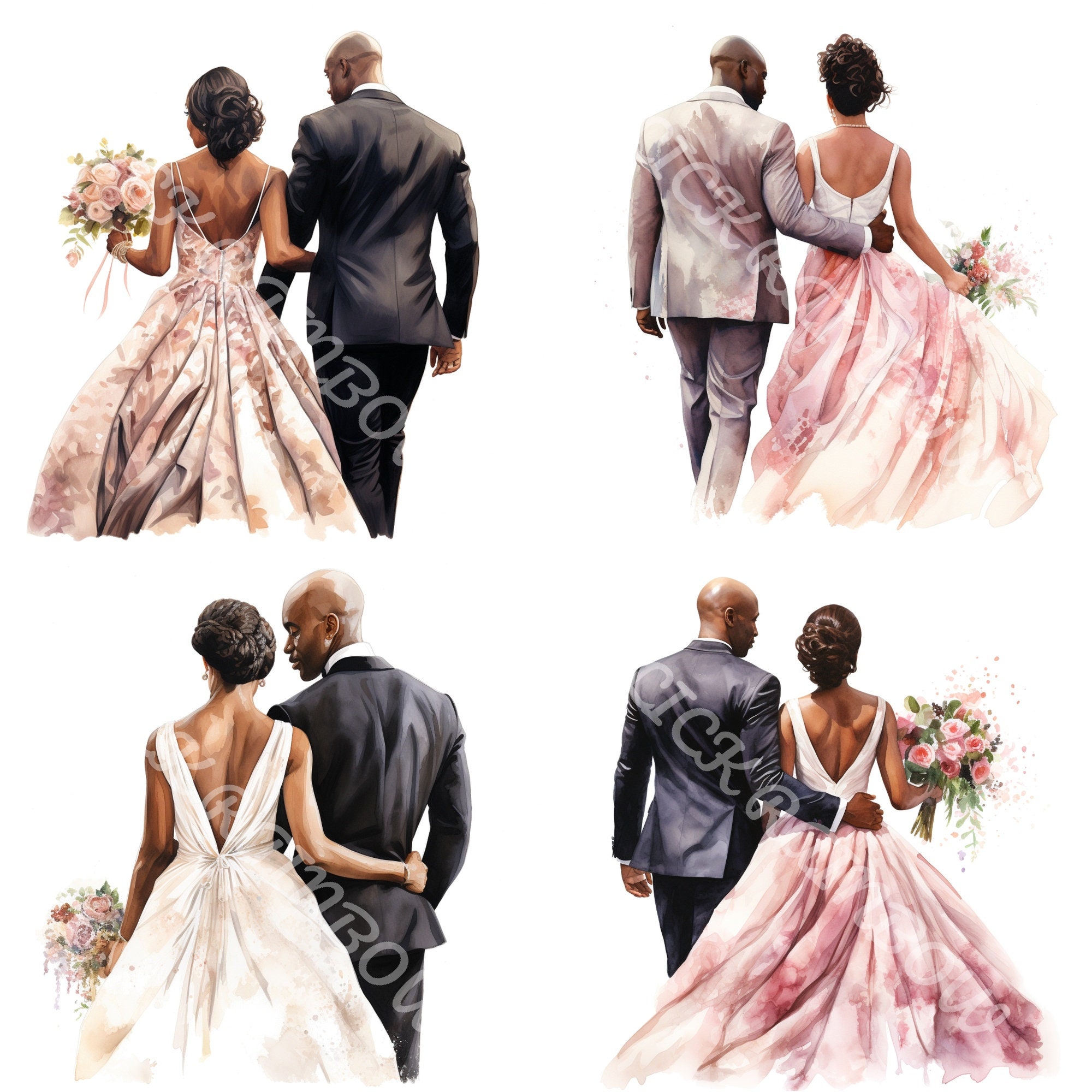 Just Married Black Couple Clipart: Bald Groom PNG Illustrations ...