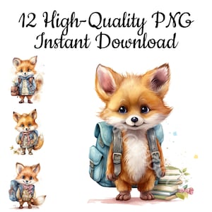 Fuchs mit Schulranzen Clipart, 12 Süßer Fuchs PNG, Schule Kunstdruck, Süßer Fuchs Illustration, Cartoon Fuchs Wandkunst, Baby Fuchs Digital, Sofort Download