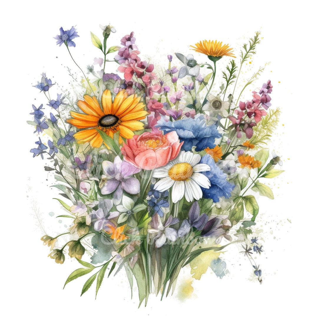 Wildflower Bouquet Clipart, 12 Wildflower PNG, Wildflower Watercolor ...