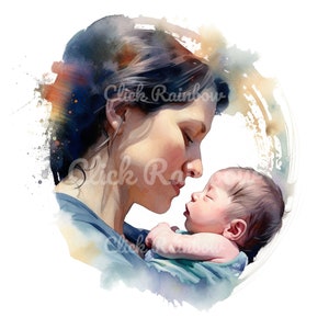 Mãe com clipart de recém-nascido, 12 PNG de bebê de mãe, nova impressão de arte de mãe, design de dia das mães, cartão de nascimento, aquarela de recém-nascido, download instantâneo