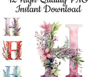 Letter H Floral Clipart: Watercolor PNG Art (Instant Download)