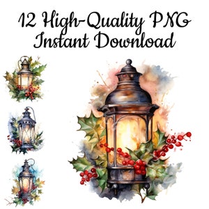 Christmas Lantern Clipart, 12 Christmas Lantern PNG, Christmas Lantern Illustration, Christmas Card Making, Decor, Instant Download