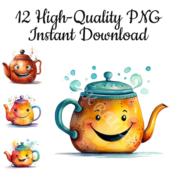 Smiling Teapot Clipart, 12 Teapot PNG, Fantasy Teapot Watercolor, Digital Teapot, Teapot Illustration, Teapot Canvas, Instant Download
