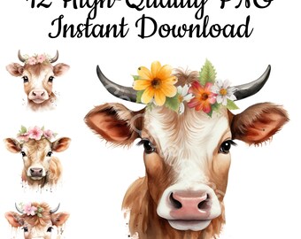 Cow With Flowers Watercolor Clipart, Girly Cow Art (Instant Download)