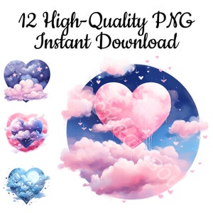 Corazón con nubes Clipart, 12 corazones con nubes PNG, ilustración de amor, tarjeta del día de San Valentín, tarjeta de amor, decoración femenina, descarga instantánea