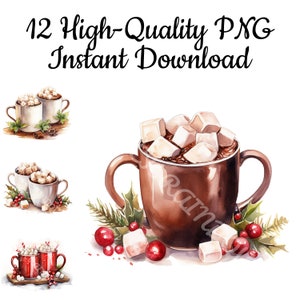 Imágenes prediseñadas de chocolate caliente navideño, 12 chocolates calientes PNG, ilustración de chocolate caliente, acuarela de chocolate caliente, impresión artística de chocolate caliente, descarga instantánea