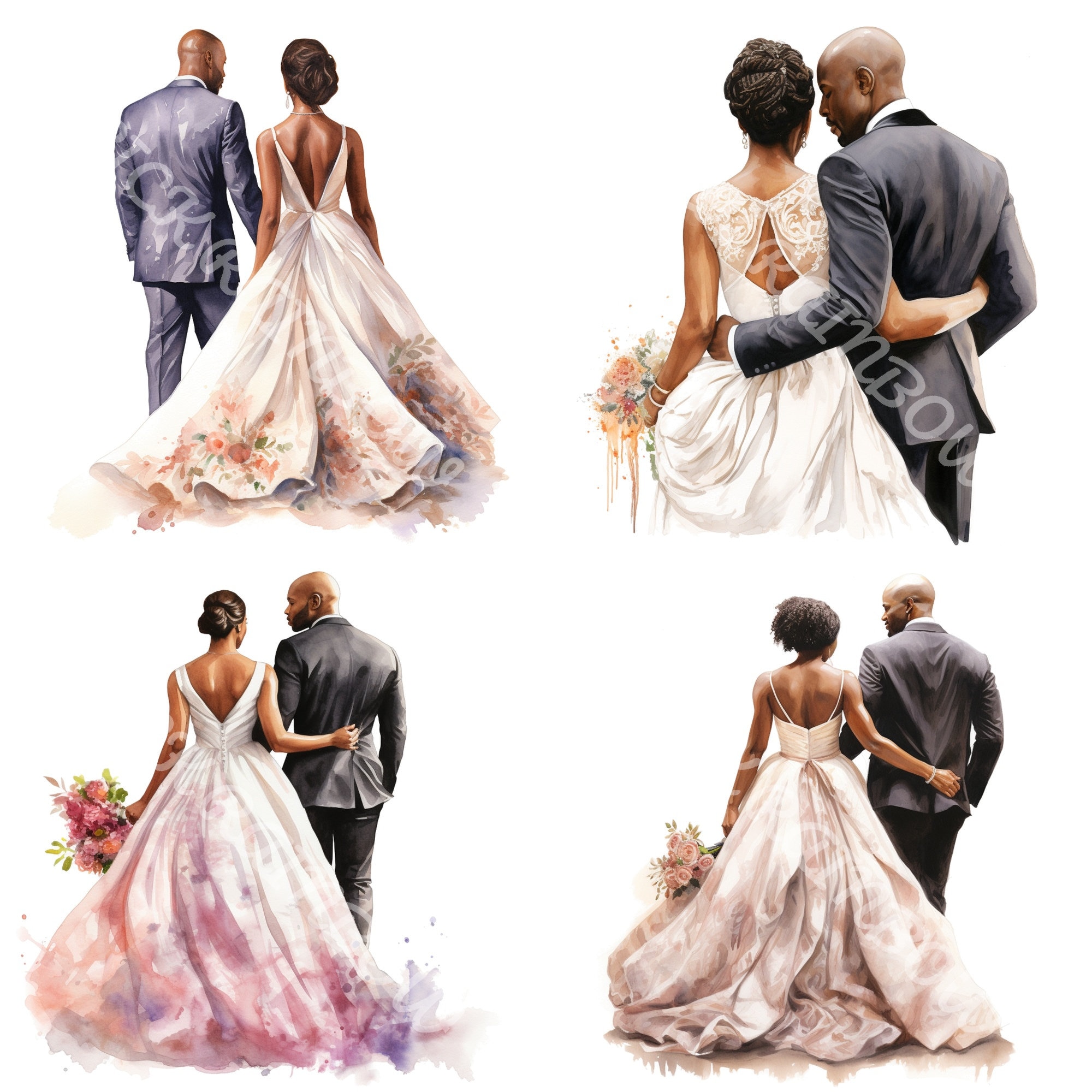 Just Married Black Couple Clipart: Bald Groom PNG Illustrations ...