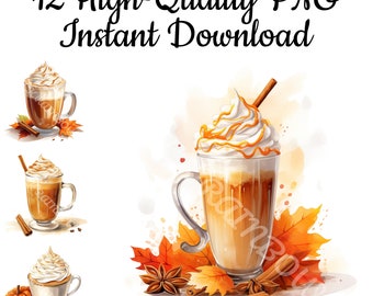 May include: Twelve high-quality PNG images of a fall-themed coffee drink with whipped cream, caramel drizzle, and cinnamon sticks. The drink is surrounded by autumn leaves, star anise, and cinnamon sticks.