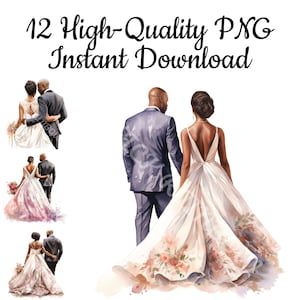 Just Married Black Couple, Clipart kale bruidegom, 12 gewaagde bruidegom PNG, illustratie zwart paar, kaarten maken, Instant Download