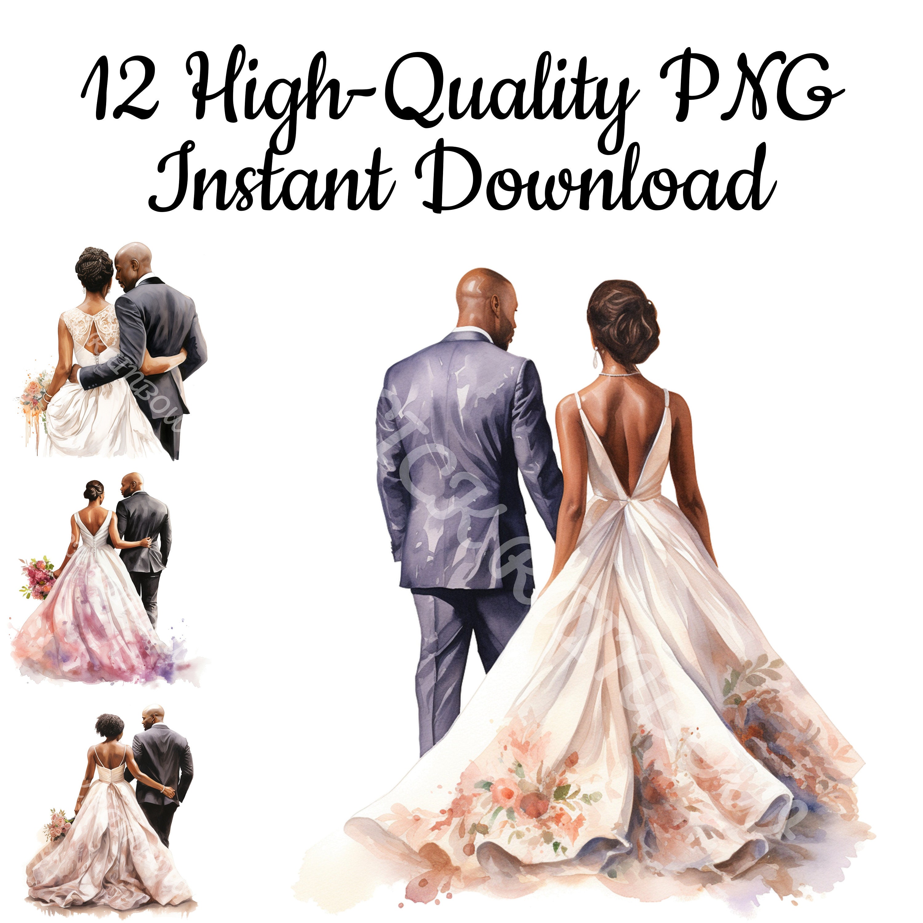 Just Married Black Couple Clipart: Bald Groom PNG Illustrations ...