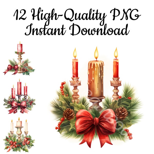 Christmas Candlestick Clipart, 12 High-Quality PNG, Art Bundle for Paper and Digital Crafting, Card Making, Scrapbooking, Instant Download