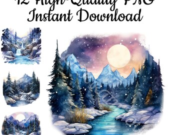 Imágenes prediseñadas de cascadas invernales: escena nocturna en formato PNG (descarga digital)