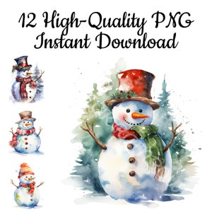 Christmas Snowman Clipart, 12 Snowman PNG, Snowman Illustration, Snowman Watercolor, Snowman Digital Art, Snowman Design, Instant Download