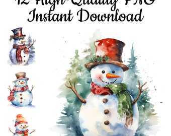 Christmas Snowman Watercolor Clipart: 12 PNG Illustrations (Instant Download)