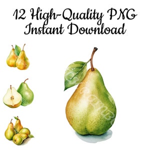 Pear Clipart, 12 Pear PNG, Pear Watercolor, Pear Art Print, Pear Digital Art, Pear Illustration, Pear Sublimation, Pear Download