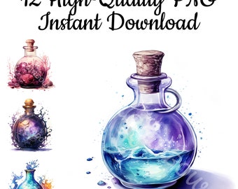 Può includere: Illustrazione ad acquerello di bottiglie di pozioni con tappi di sughero. Le bottiglie contengono liquidi colorati e sono circondate da spruzzi di colore. Il testo in alto recita "12 High-Quality PNG Instant Download."