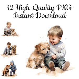 Toddler With Dog Clipart, 12 Boy With Dog PNG, Child With Dog Watercolor, Toddler With Dog Canvas, Toddler Illustration, Instant Download