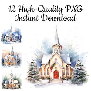 Christmas Church Clipart, 12 Snowy Church PNG, Church In Winter Art Print, Christmas Church Watercolor, Church Digital Art, Instant Download