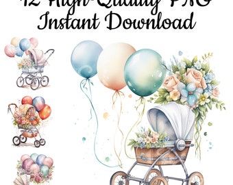 Floral Stroller Clipart: Baby Birth Art PNG Bundle (Digital Download)