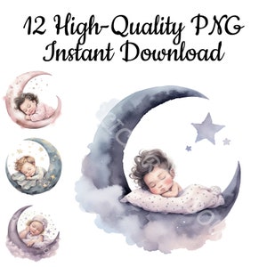 Baby On Moon Clipart, 12 Newborn PNG, Newborn Illustration, Newborn Watercolor, Moon Watercolor, Newborn Art Print, Instant Download