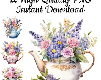 Teapot with Flowers Clipart, 12 High-Quality PNG, Teapot Illustration, Sublimation, Bouquet Printable, Paper Crafting, DIY, Instant Download