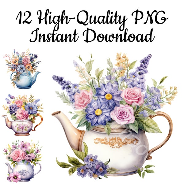 Teapot with Flowers Clipart, 12 High-Quality PNG, Teapot Illustration, Sublimation, Bouquet Printable, Paper Crafting, DIY, Instant Download