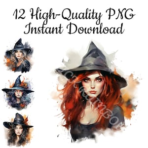 Halloween Witch Clipart, 12 Witch PNG, Witch Illustration, Witch Drawing, Witch Painting, Halloween Printable, Instant Download