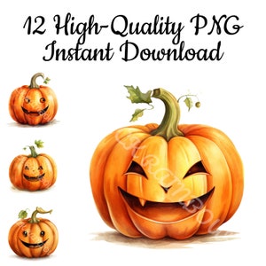 Cute Pumpkin Clipart, 12 Halloween Pumpkin PNG, Halloween Pumpkin Design, Halloween Pumpkin Illustration, Pumpkin Drawing, Instant Download