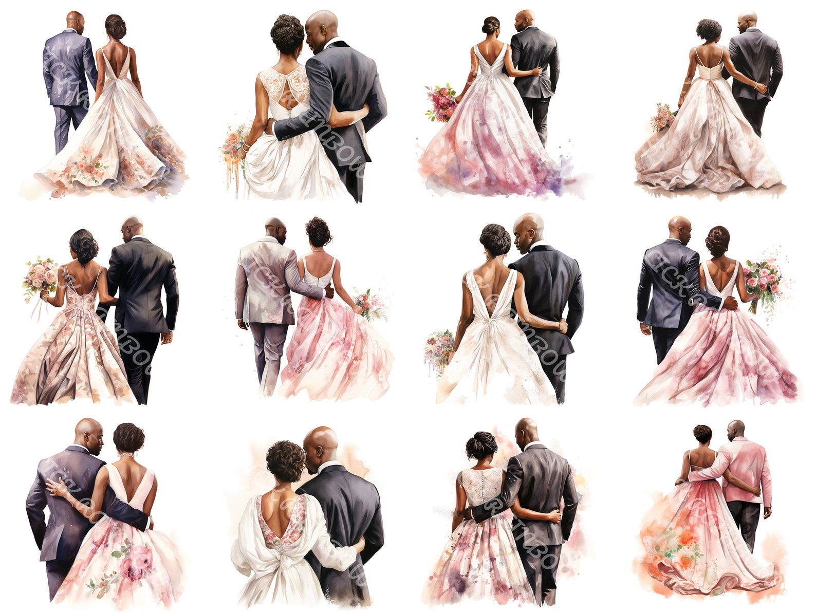 Just Married Black Couple Clipart: Bald Groom PNG Illustrations ...