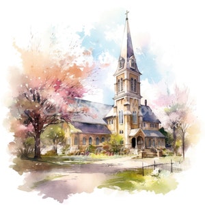 Church In Spring Clipart, 12 Church PNG, Church Illustration, Church Watercolor, Church Wall Art, Church Art Print, Church Download
