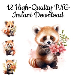 Red Panda With Flowers Clipart, 12 Red Panda PNG, Cute Red Panda Watercolor, Red Panda Illustration, Digital Red Panda, Instant Download