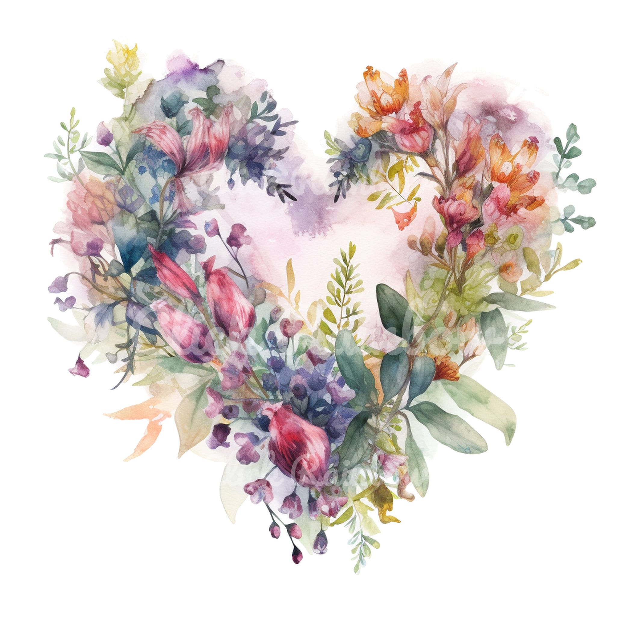 Floral Heart Wreath Clipart, Watercolor Love Printable (digital ...