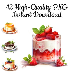 Panna Cotta Clipart: 12 PNG Dessert Illustrationen (Instant Download)