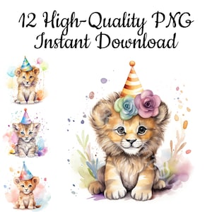 Baby Lion With Party Hat Clipart, 12 Baby Lion PNG, Cute Baby Lion Watercolor, Baby Lion Illustration, Baby Lion Wall Art, Instant Download